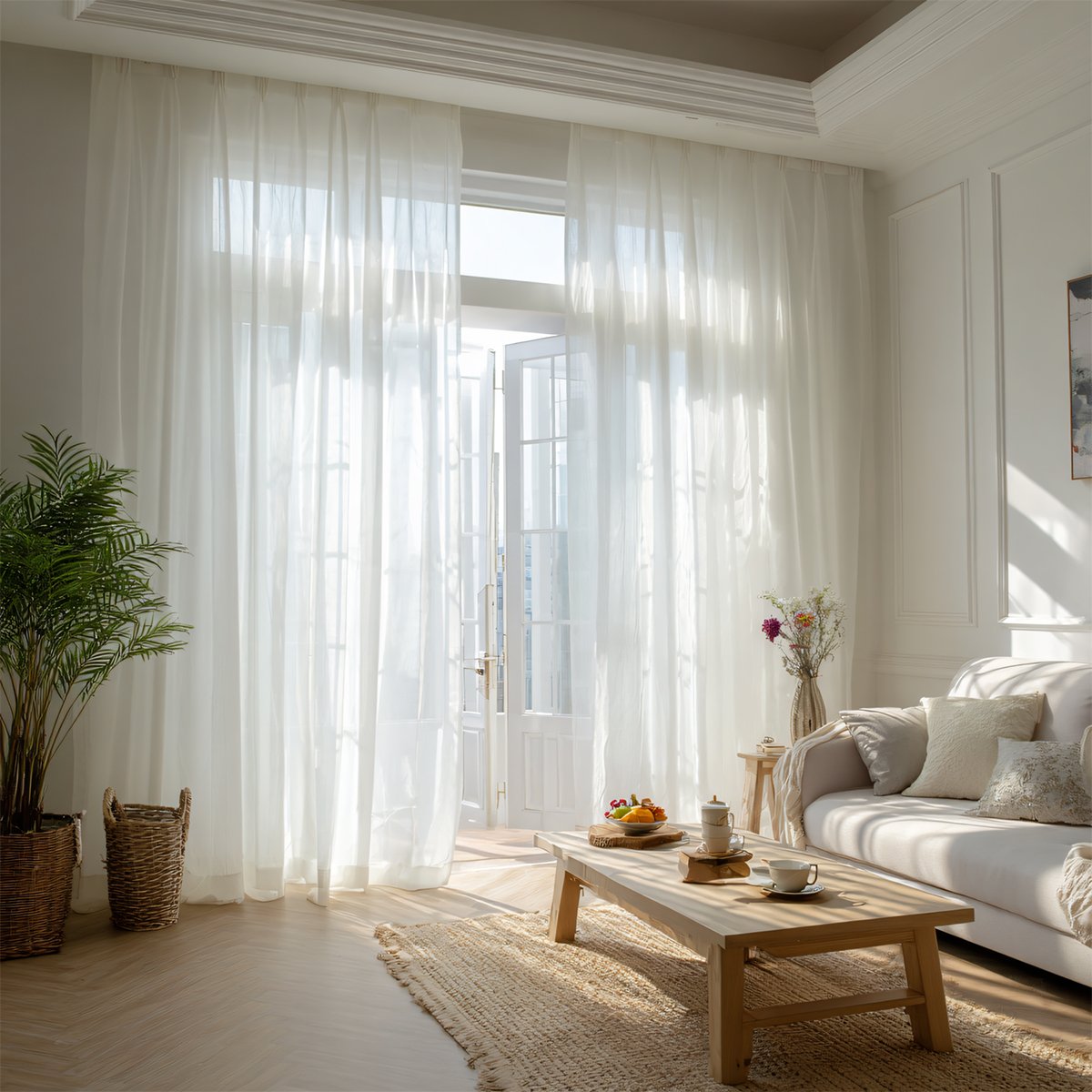 White Semi Sheer Curtain Pleated