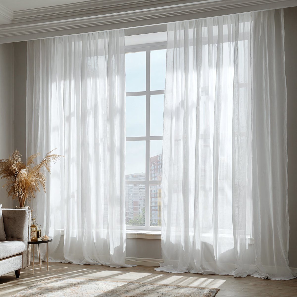 White Tulle Bedroom Living Room Pleated Curtains
