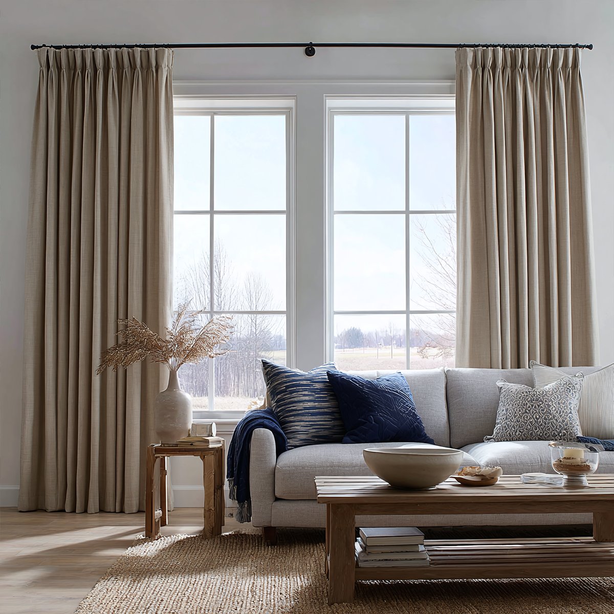 Linen pleated living room breathable blackout curtains